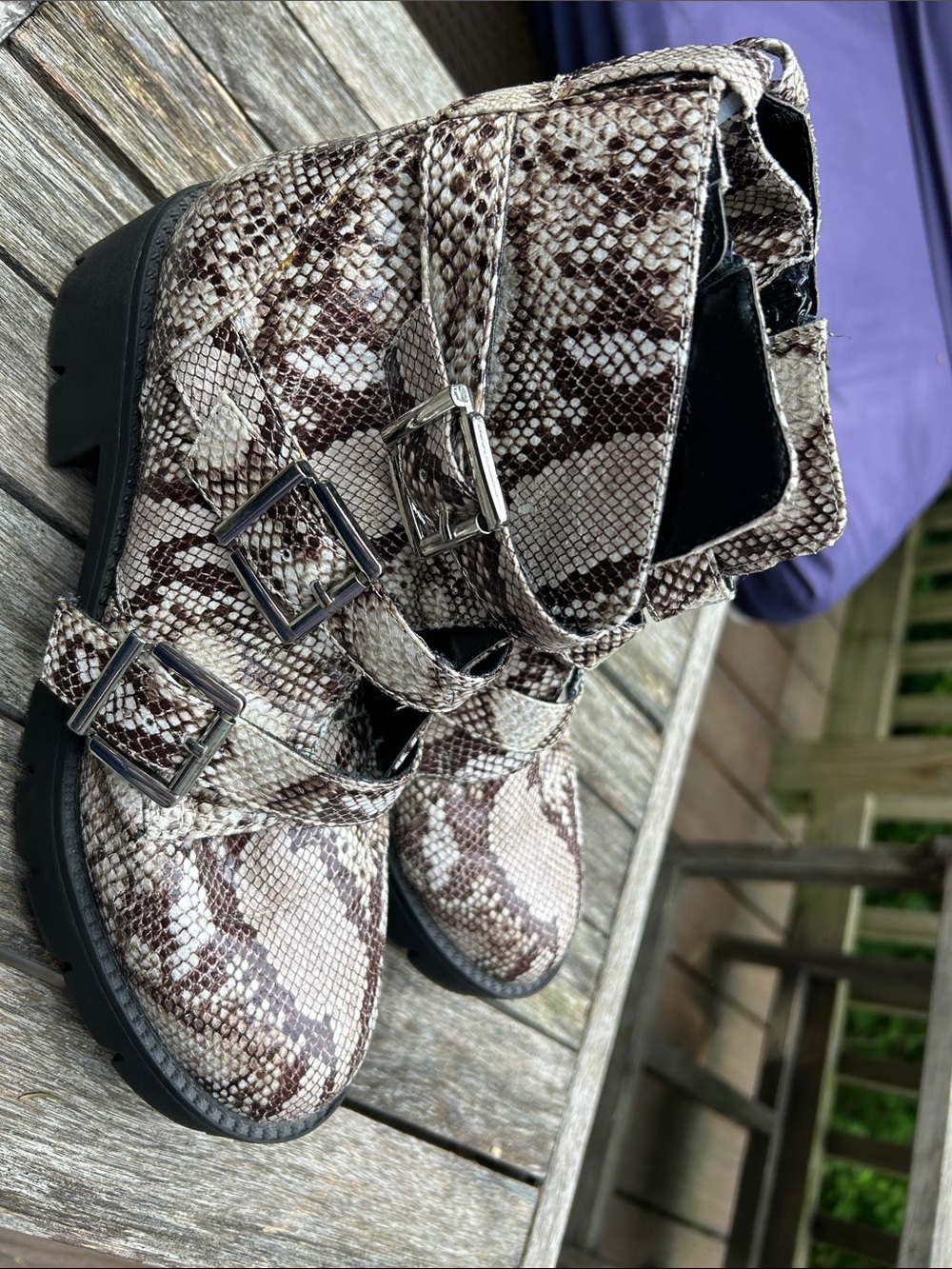 bp Snake-Print Buckle Combat Ankle Boots - Brown & Cream, worn once